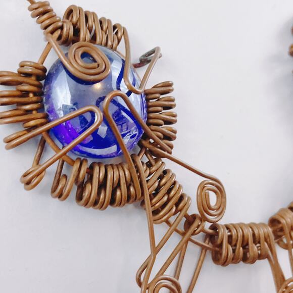 Handmade Wire-Wrapped Copper Necklace with Deep Blue Glass Cabochon Boho Pendant - Picture 7 of 10
